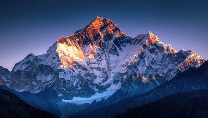 Majestic snow-capped mountain peak at sunset, bathed in warm golden light, with a deep blue sky and surrounding lower mountain ranges