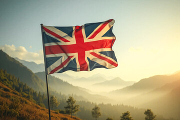 Flag of Great Britain flies from a flagpole. The Union Jack in the wooded highlands at evening.