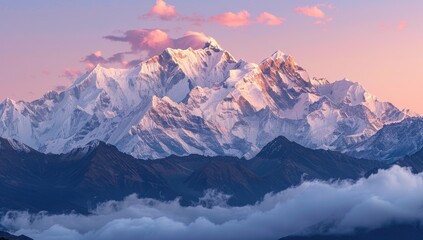 Majestic snow-capped mountain range at dawn, bathed in soft pink and purple hues, with a sea of clouds below