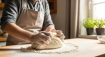 Person Kneading Dough in Kitchen.