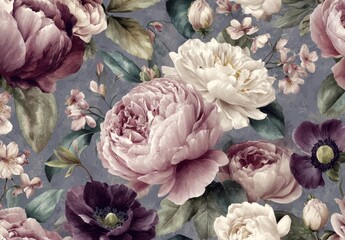 A lovely floral pattern showcases a medley of mauve, lavender, and muted white blooms, accented by deep greens and purples, against a textured gray backdrop.