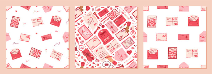 Seamless pattern love mail with heart, envelope, letter, message, card, postcard in flat background set. Romantic set for happy correspondence, valentine greeting and celebration. Modern seamless