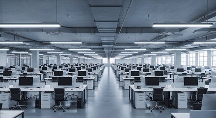 Spacious, Modern Office Interior with Rows of Desks, Computers, and Chairs Under Bright Fluorescent Lighting, Commercial Space