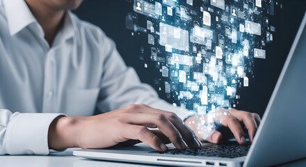 Business Professional Using Laptop with Data Visualization Overlay, Analyzing Information, Modern Technology Concept