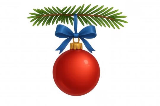 Christmas ornament hanging from pine branch with blue ribbon, festive holiday celebration decoration