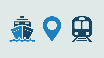Set of transportation icons featuring a ship location pin and train simple flat vector design element for web and mobile apps isolated on white background