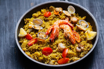 pan of spanish seafood paella