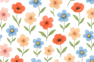 Watercolor floral seamless pattern with colorful blooming flowers and green leaves on transparent background