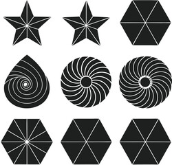 Set of 6 designs solid black silhouette abstract, star, polygon, spiral, triangle, hexagon, full black fill, realistic proportions, isolated on white background, vector-friendly, no text