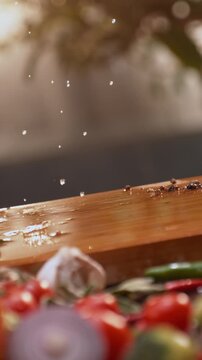 Ultra slow-motion shot of an unknow chef dropping lettuce leaf on chopping board, preparing ingredients for salad