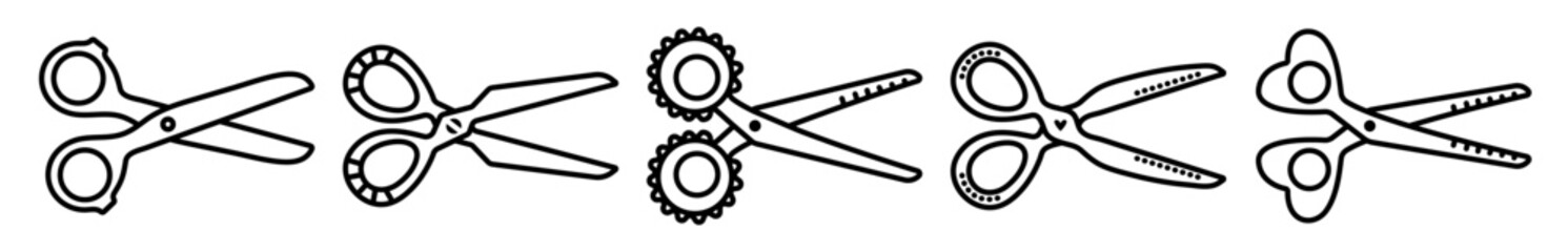 Decorative black line scissors set, editable stroke icons, vector monochrome shears for gardening, hairdressing, sewing