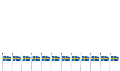 Fototapeta premium High-quality sweden national flag row of small flags on flagpoles placed at - Symbol of culture, heritage, and patriotism