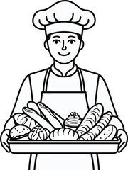 Black thick outline with white background, Minimal line drawing of a baker holding tray of bread 2