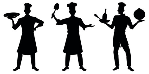 Vector Silhouette Set of Chefs Cooking Stirring and Presenting Dish