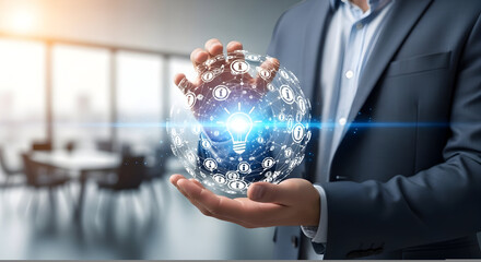 Businessman Holds Glowing Digital Sphere of Ideas and Connections in Modern Office Setting