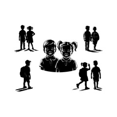 Fototapeta premium Black and white silhouette icons of school children, diverse set of student figures with backpacks, elementary school kids graphic illustrations
