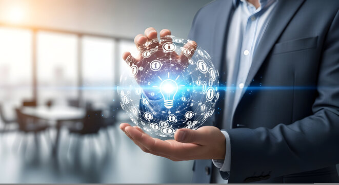 Businessman Holds Glowing Digital Sphere of Ideas and Connections in Modern Office Setting