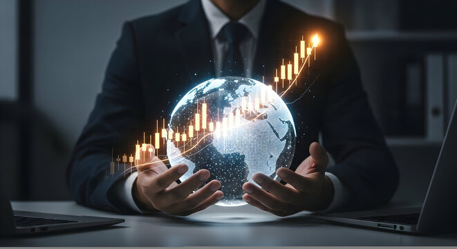 Businessman in Suit Holding Illuminated Digital Globe with Financial Chart, Representing Global Business Growth