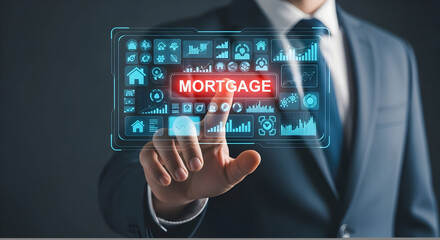 Businessman Interacting with Mortgage Interface: Futuristic Financial Technology Concept