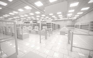 White blank empty 3d supermarket design rendering