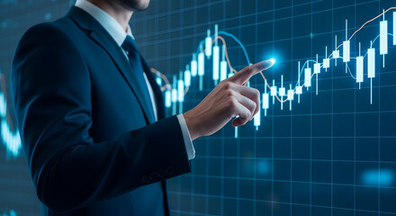 Analyzing Financial Growth with Candlestick Charts and a Professional in a Blue Suit (85-115 Chars)