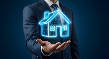 Businessman Presenting Digital Home Innovation with Futuristic House Icon Overlay on His Palm, Showcasing Technology and Modern Real Estate Concepts