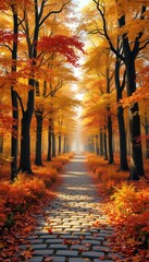 Path Through a Woodland Forest During Fall Season with Brightly Colored Deciduous Trees and Fallen Foliage Covering Ground