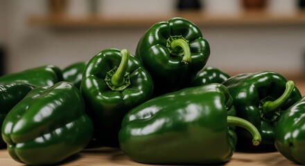 Fresh green bell peppers displayed on a wooden surface close up shot