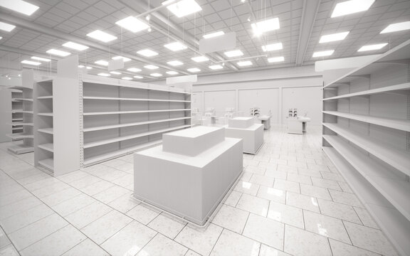 White blank empty 3d supermarket design rendering