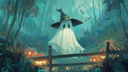 Ghost wearing witch hat in spooky forest with bats and pumpkins