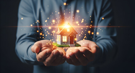 Hands Holding Illuminated House with Glowing Light Sparks, Conceptual Representation of Real Estate and Homeownership