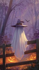 Spooky Halloween scene with ghost costume and carved pumpkins