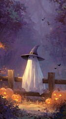 Ghost wearing witch hat surrounded by glowing pumpkins at dusk