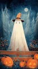 Spooky ghost wearing witch hat among pumpkins at night