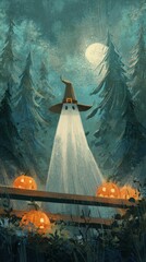 Ghost wearing hat among glowing pumpkins in spooky forest