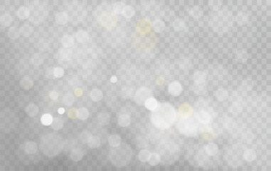 Golden dust light on transparent background. Christmas glowing bokeh confetti and sparkle overlay texture for your design. Stock royalty free vector illustration. 