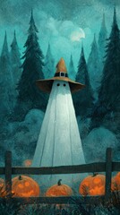 Ghost figure wearing witch hat among pumpkins in spooky forest