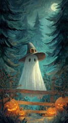 Ghost wearing witch hat among Jack-o'-lanterns in forest at night