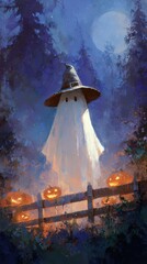 Spooky ghost with witch hat and pumpkins in enchanted forest