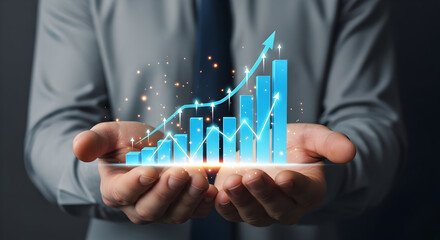 Man Holding Glowing Blue Financial Growth Chart with Upward Arrows and Sparkles