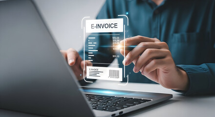 Man Interacting with Digital E-invoice Displayed over Laptop Keyboard