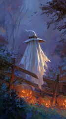 Ghost with witch hat on wooden fence at Halloween night