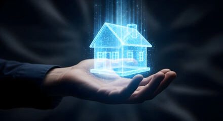 Hand Holding Hologram House: Future of Real Estate and Property Technology Concept