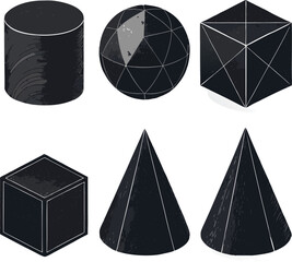 Set of 6 designs solid black silhouette geometric, cylinder, sphere, pyramid, cube, cone, full black fill, realistic proportions, isolated on white background, vector-friendly, no text