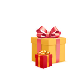 Yellow and red gift boxes with pink and orange ribbons on white background, digital illustration.