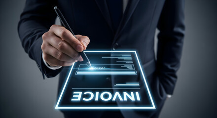 Businessman Signing a Digital Invoice: Modern Technology and Financial Agreement