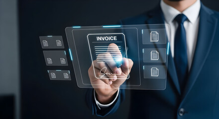 Businessperson Signing Digital Invoice on a Futuristic Interface Representing Modern Technology and Financial Transactions