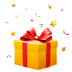 Digital illustration of a yellow gift box with a red ribbon and bow on a white background with stars and confetti.