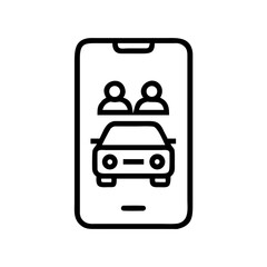 Smartphone with rideshare vehicle icon and two passengers illustration, transparent background, isolated, vector, icon  