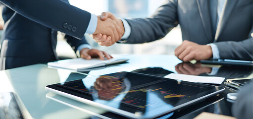 Business Professionals in a Modern Office Setting: Handshake Agreement with Data Analysis on a Tablet